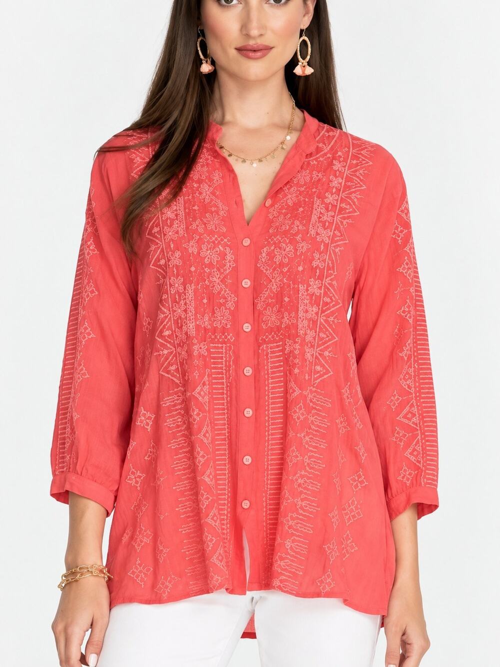 Johnny Was California Pink Embroidered Long Sleeve Tunic Top Large